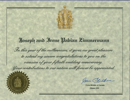 Millenium Golden Anniversary Congratulations from Jean Chretien - Prime Minister of Canada (2000).